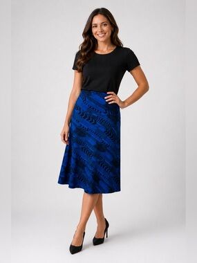 Blue Black Abstract Geometric Skirt Small A-Line Midi Stretch Pull-On Workwear